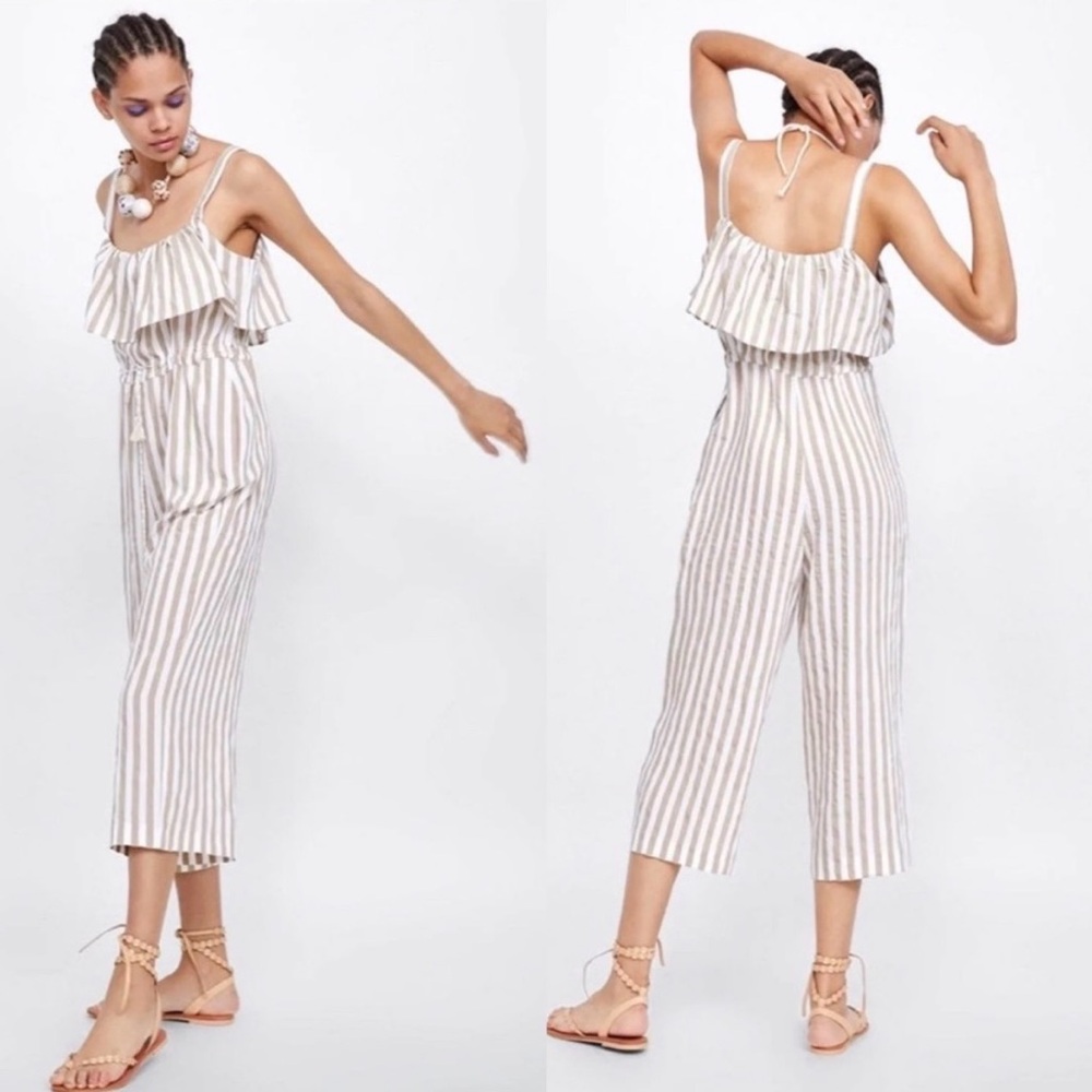Zara Cream and Tan Striped Jumpsuit, Small